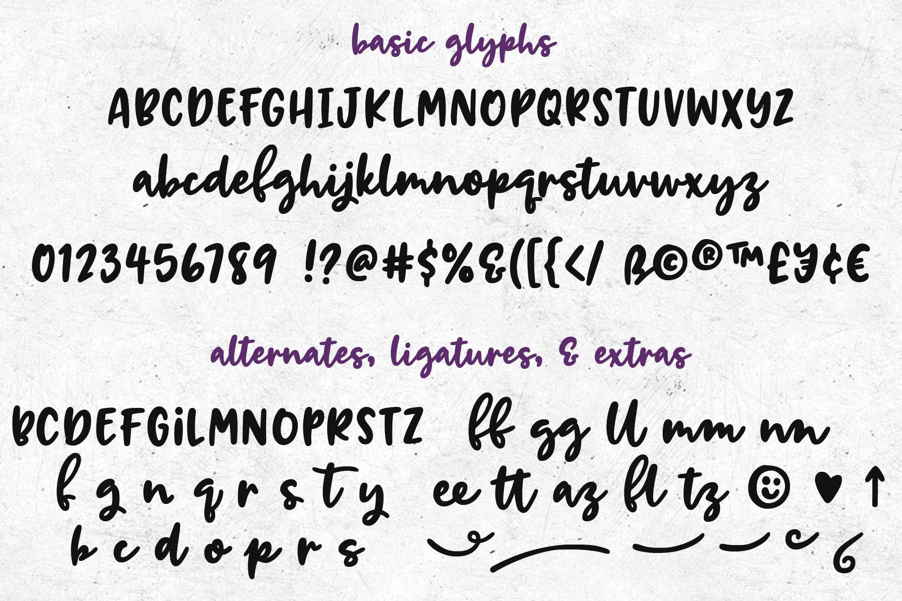 Breaking Bread Font by GeekMissy glyph sheet with casual script letters, alternates, ligatures and extras