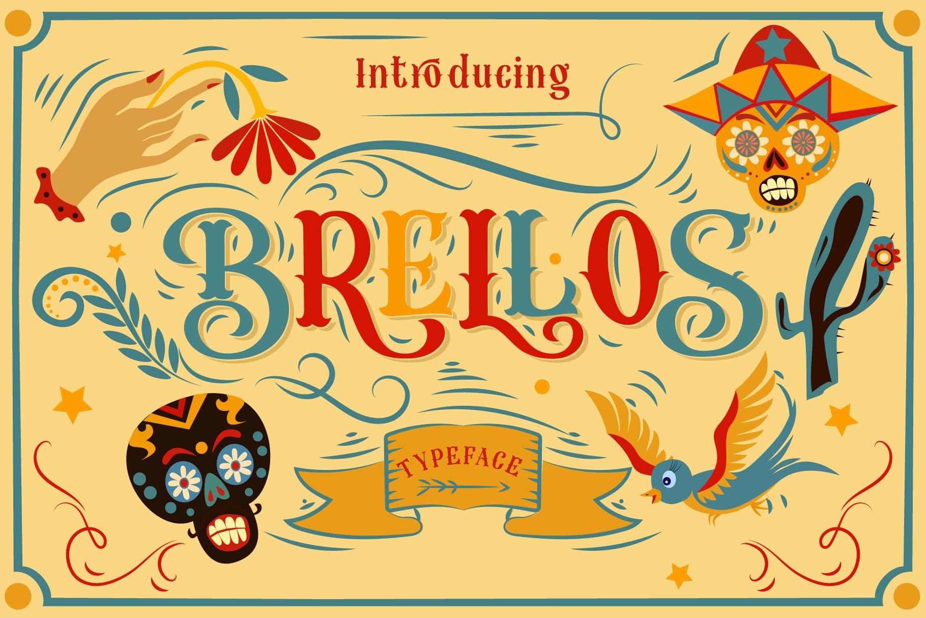 Brellos Font by Alit Design, teal red and yellow ornate letters with sugar skulls and a bird preview