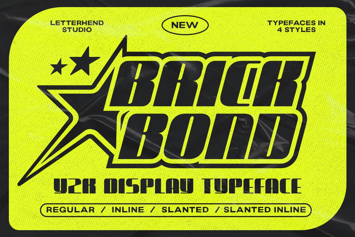 Brick Bond Font by letterhend, black slanted Y2K display letters with star on neon yellow