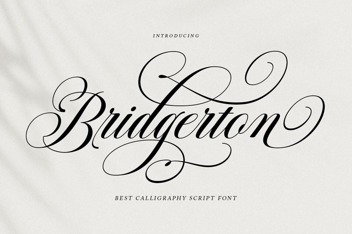 Bridgerton Font by hrzstudio92, black slanted script with a large looping capital B