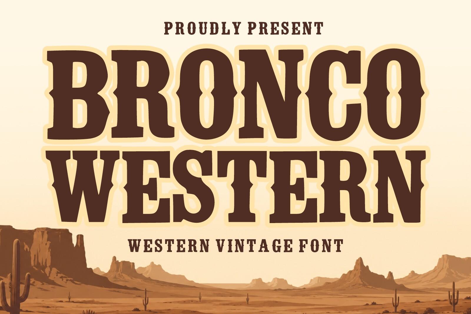 Bronco Western Font by mardanimirza12, dark brown flared slab capitals over a pale desert landscape preview