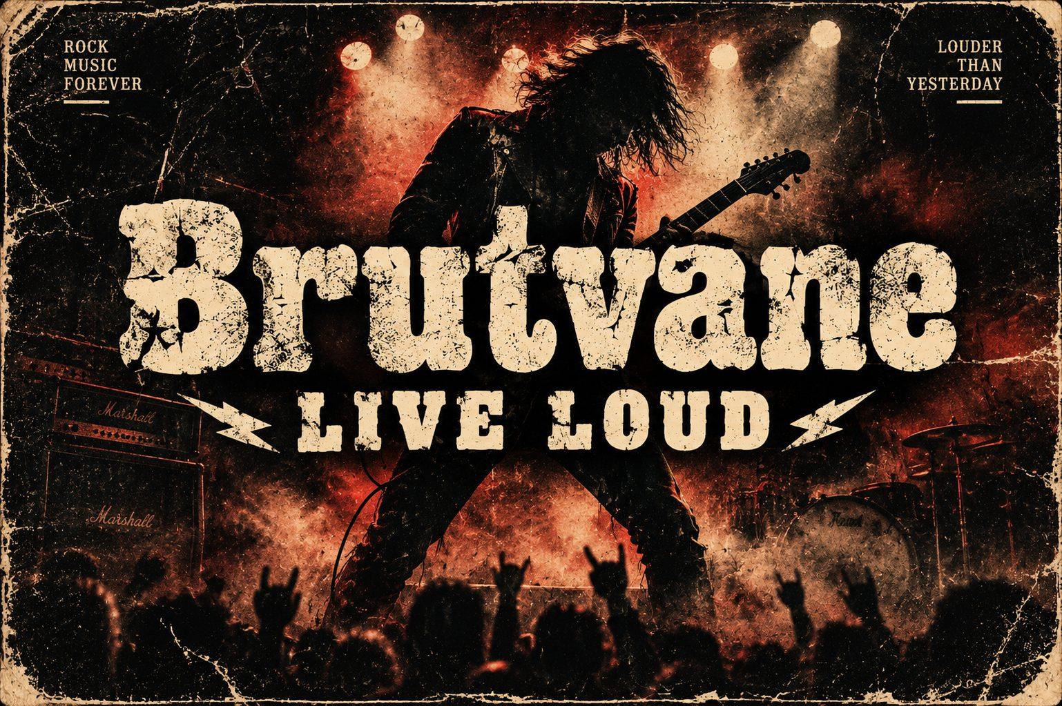 Brutvane Font by Colourful, cream cracked chunky letters over a red concert crowd preview