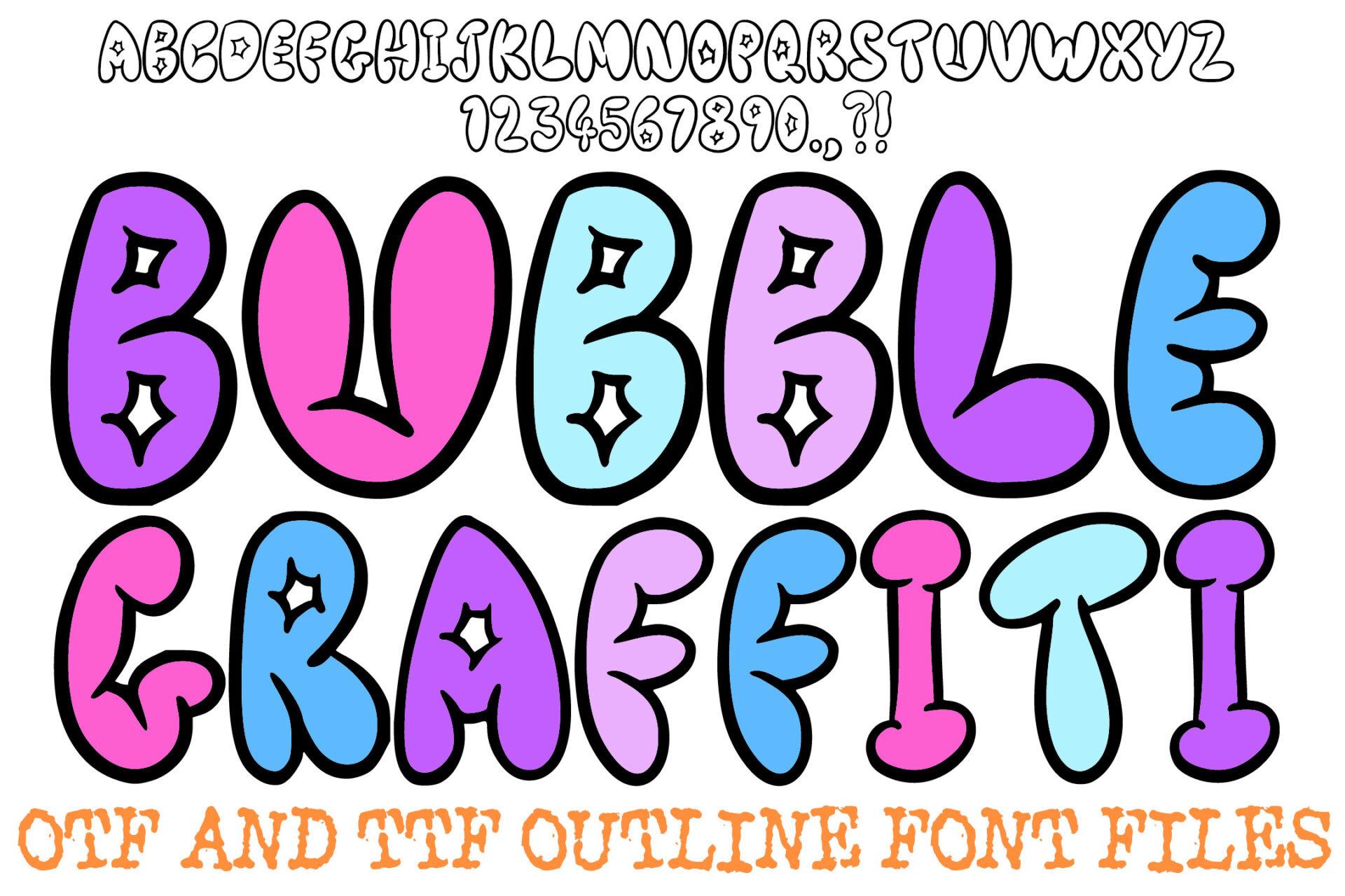 Bubble Graffiti Font by squeebcreative, purple, pink and blue graffiti bubble capitals with sparkles, alphabet and numbers