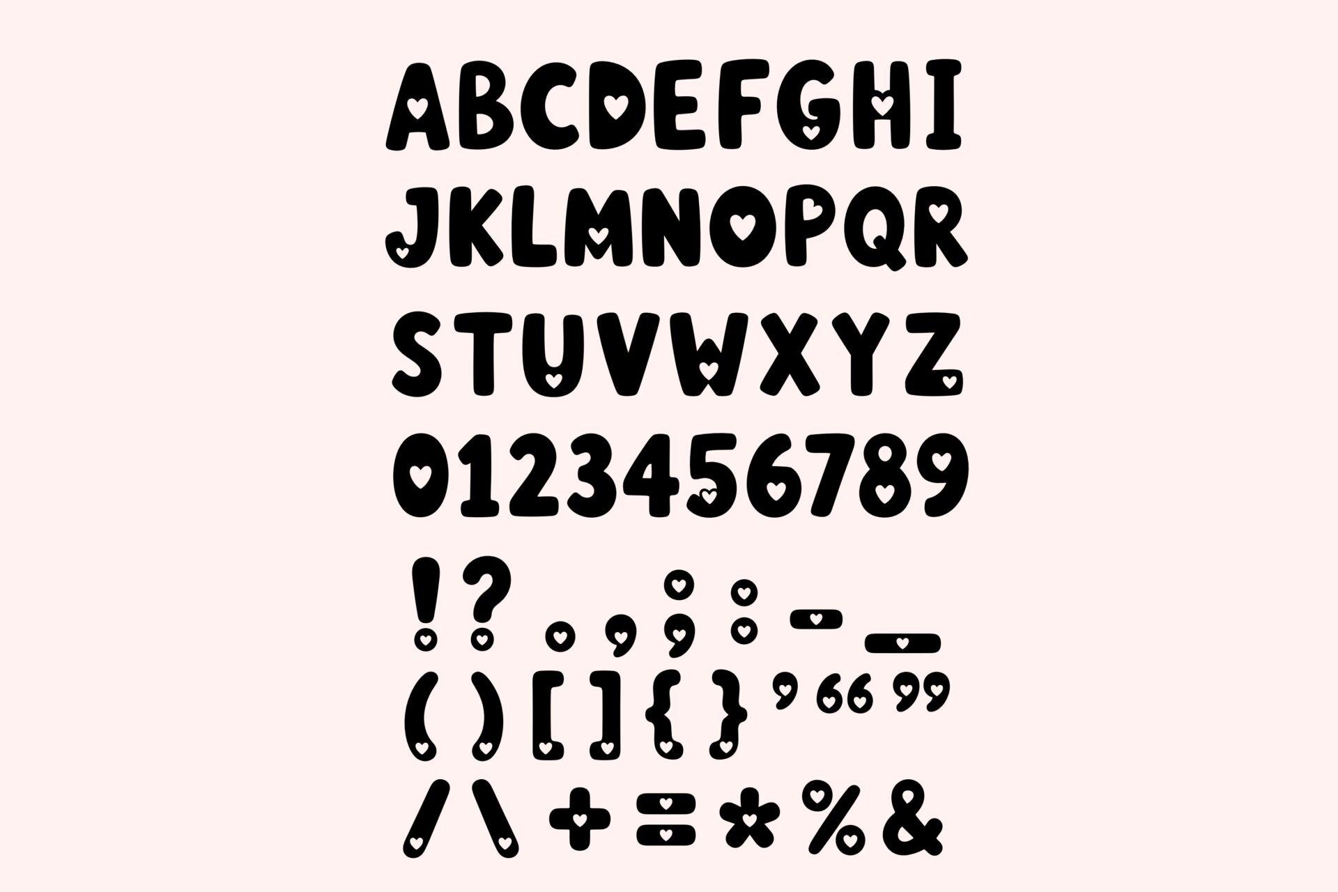 Bubbly Hearts Font by wtl.typography alphabet, heavy chunky rounded capitals with numbers