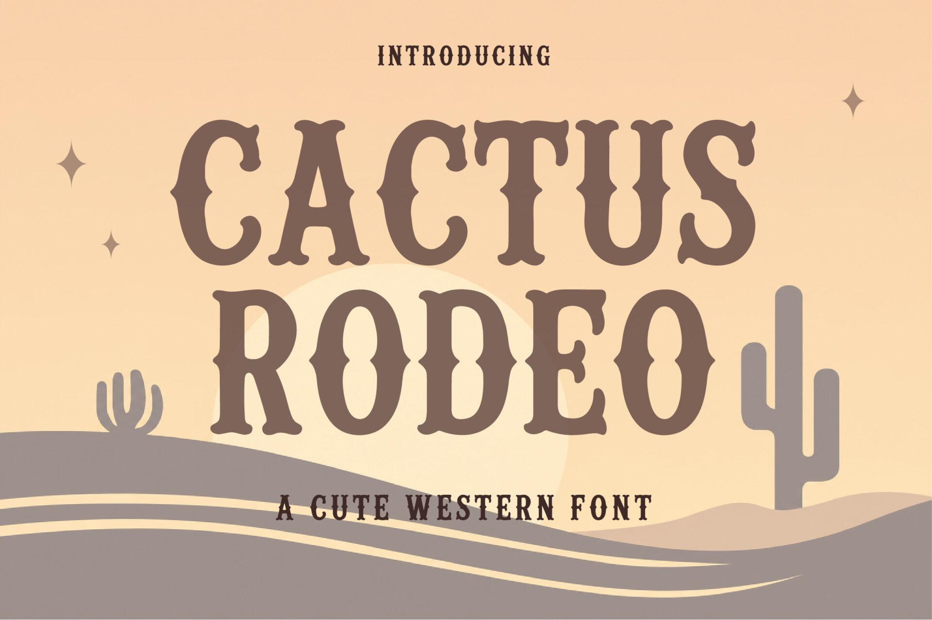 Cactus Rodeo Font by Artisan Vibes, mauve-brown spur-serif capitals on a peach desert preview
