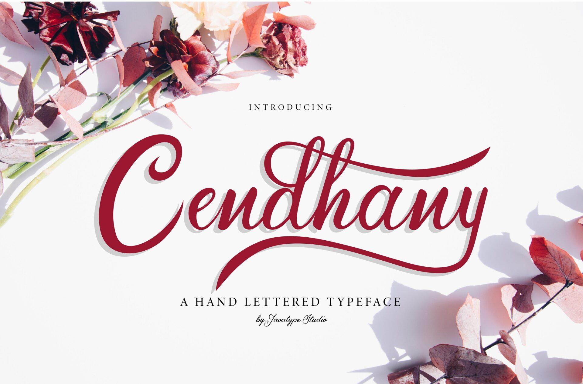Cendhany Font by javatypestd, deep red hand-lettered script with a flat baseline