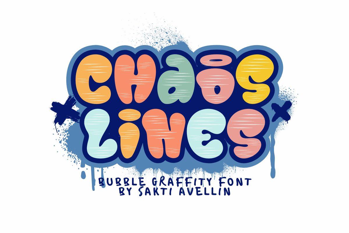 Chaos Lines Font by Sakti Avellin, pastel graffiti bubble letters with hatched fill and navy outline