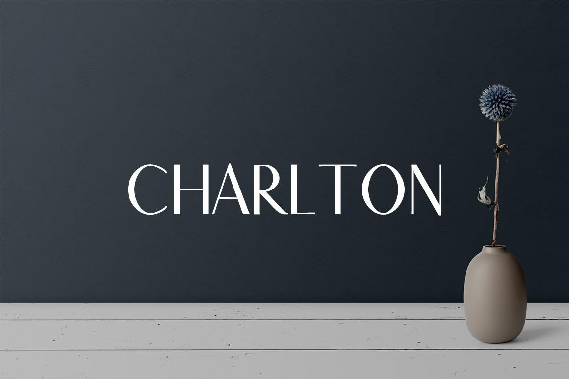 Charlton Font by Creative Tacos, thin wide-spaced all-caps wordmark on a dark grey background