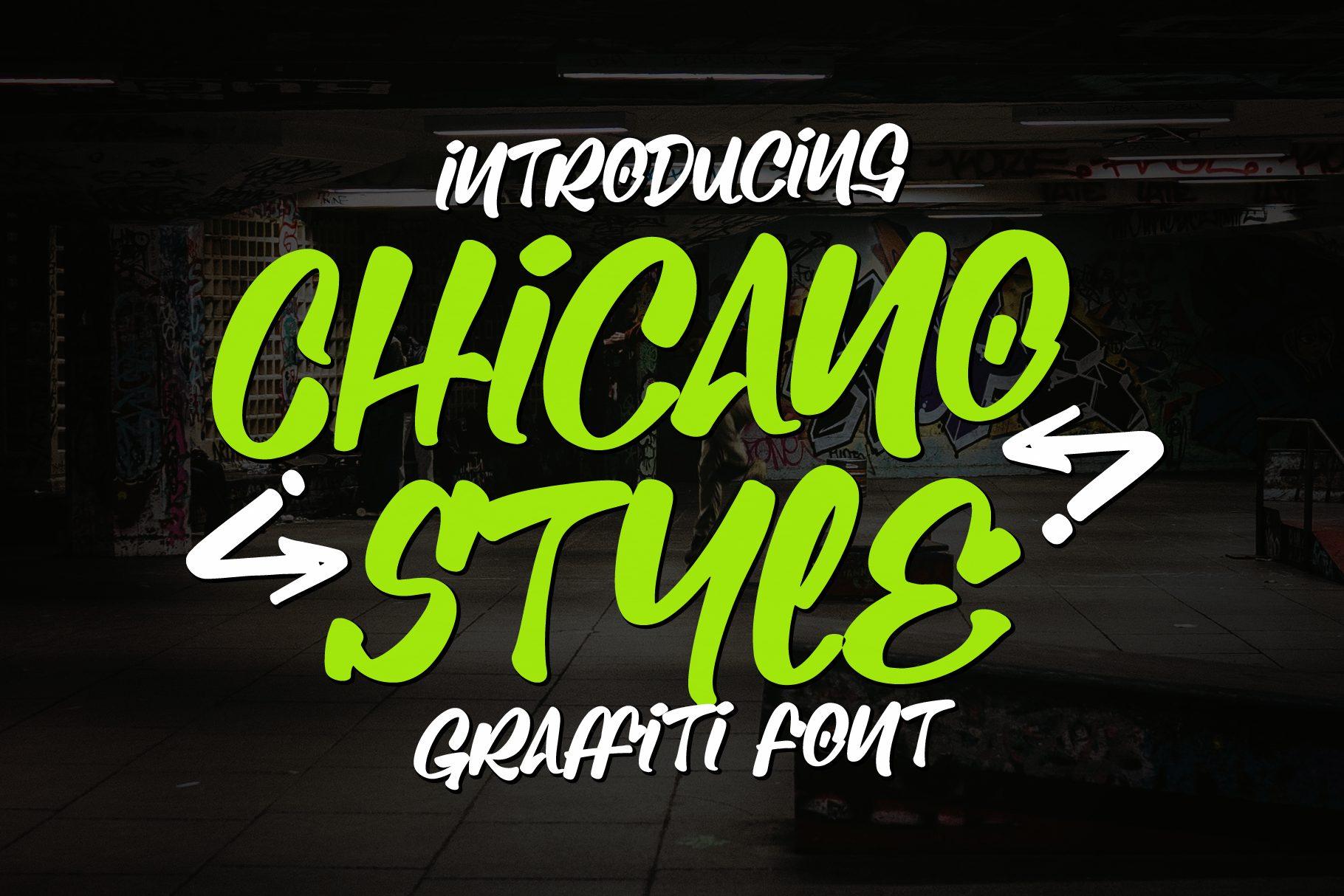 Chicano Style Font by Denustudios, lime green slanted graffiti marker letters in a dark tunnel preview