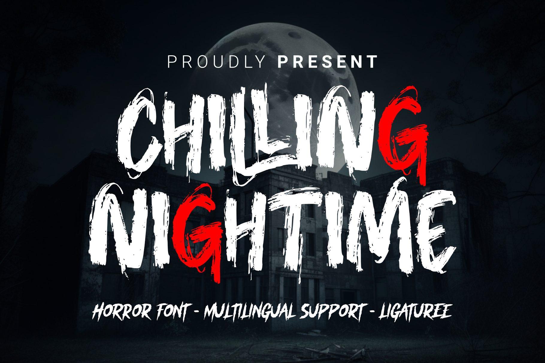 Chilling Nighttime Font by horrorfont, rough carved brush capitals in white with one letter in red