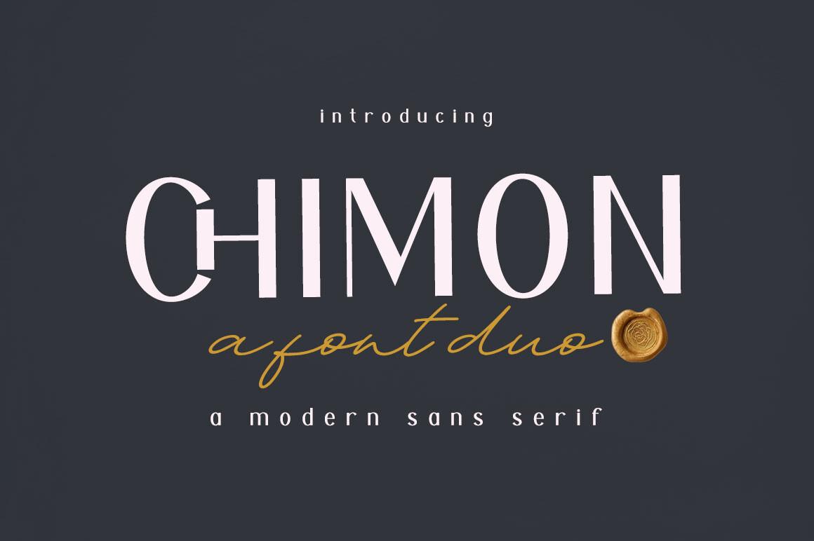 Chimon Font Duo by madjack.font, narrow sans capitals with a gold signature script font pairing preview