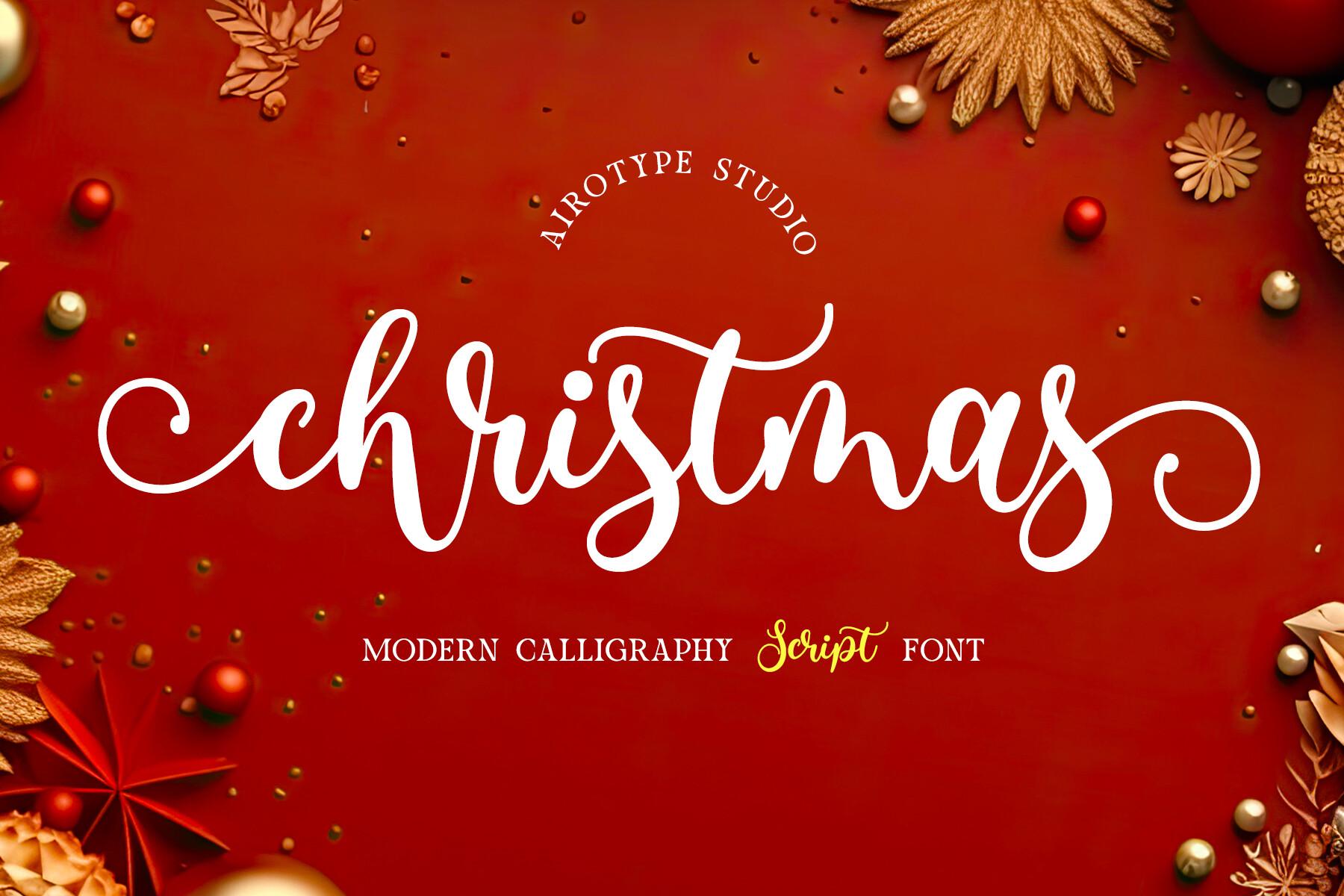 Christmas Script Font by airotype, modern calligraphy script with swirling swashes in white on red