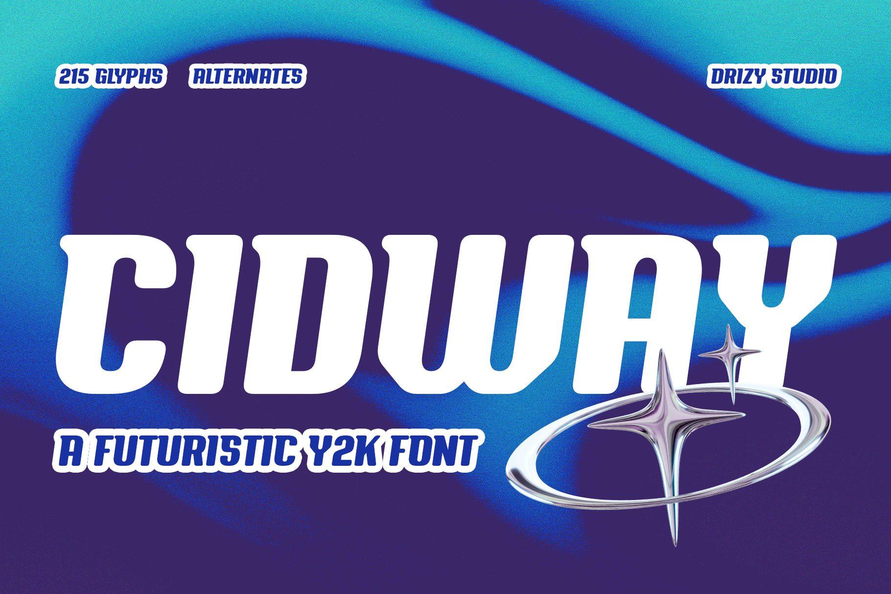 Cidway Font by Drizy Studio, wide slanted white futuristic letters with chrome star on blue