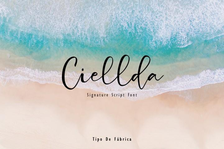 Ciellda Font by Giant Design, thin black signature script over a beach photo