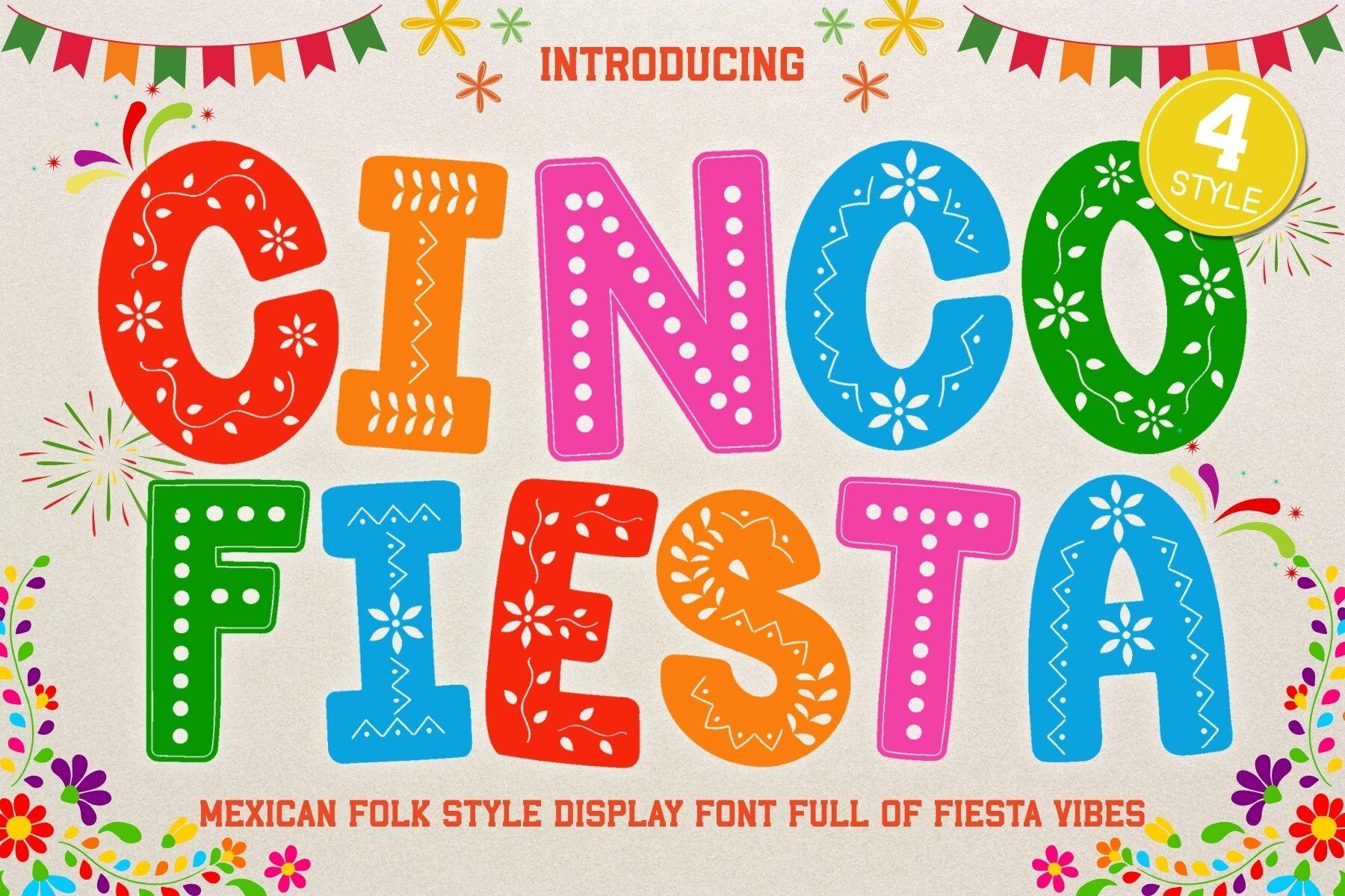 Cinco Fiesta Font by Issie_Studio, multicolor chunky capitals with white folk patterns preview