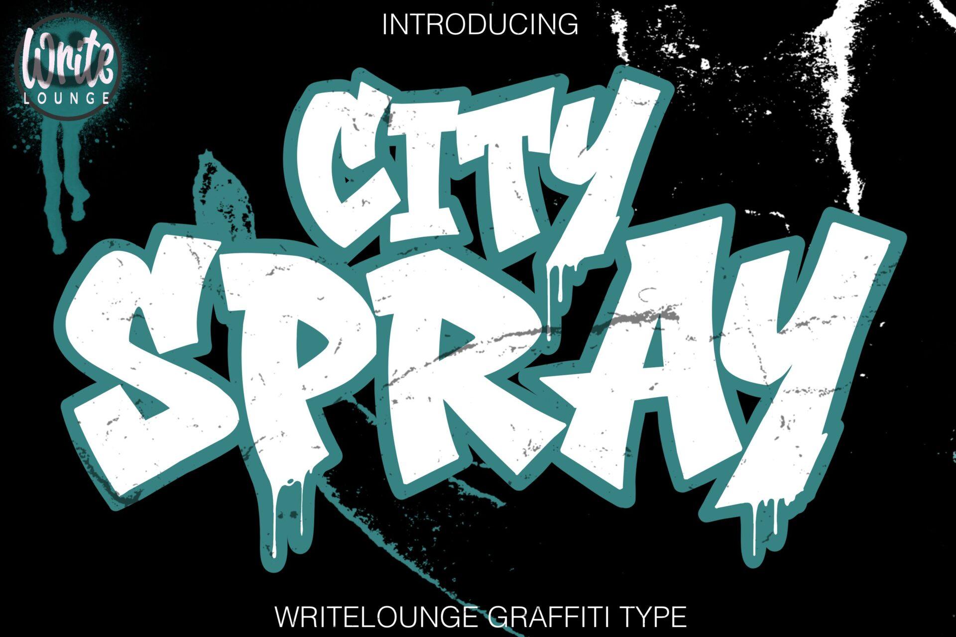 City Spray Font by Writelounge, heavy white spray-paint capitals with a teal shadow font preview