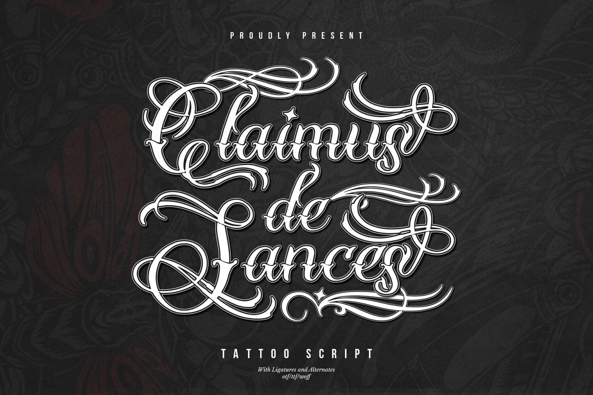 Claimus De Sances Font by Denustudios, white heavily flourished script with a 3D shadow on a dark preview