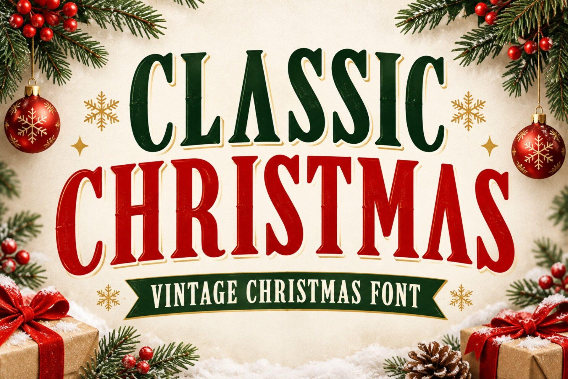 Classic Christmas Font by 29Graphic, condensed vintage serif capitals in green and red