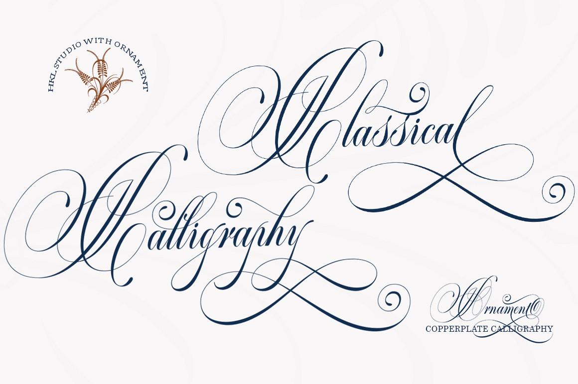 Classical Calligraphy Font by HKL Studio, navy hairline calligraphy with large looping capitals