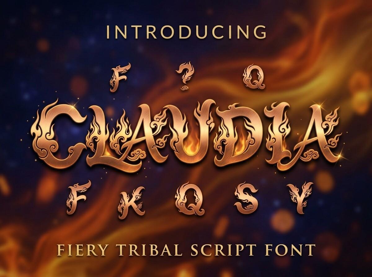 Claudia Font by Raholco, orange and gold flame-shaped tribal capitals, tattoo font preview