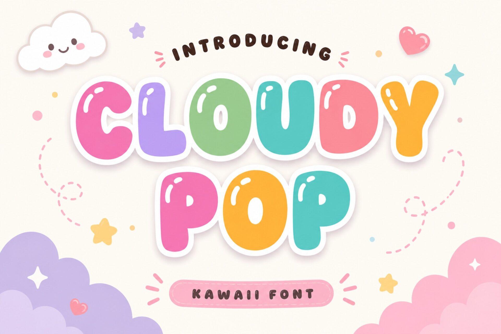 Cloudy Pop Font by 29Graphic, pastel glossy kawaii capitals with clouds and stars