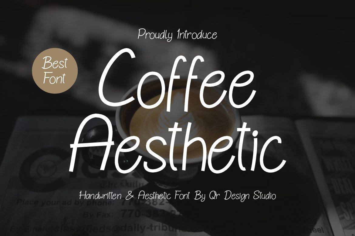 Coffee Aesthetic Font by qrdesignstd, thin handwritten print in white on a coffee photo