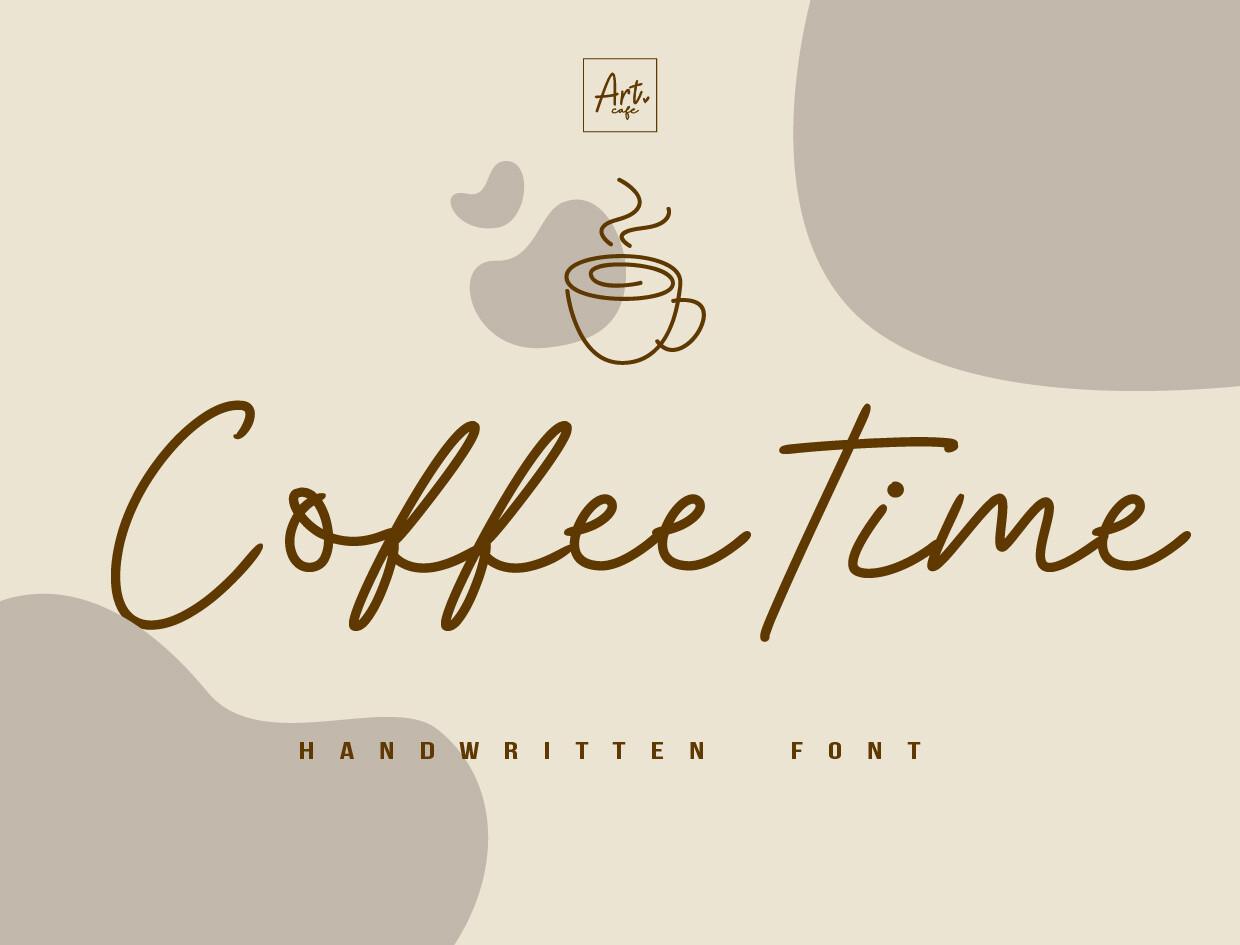 Coffee Time Font by Art cafe, thin brown handwritten script with a long t crossbar