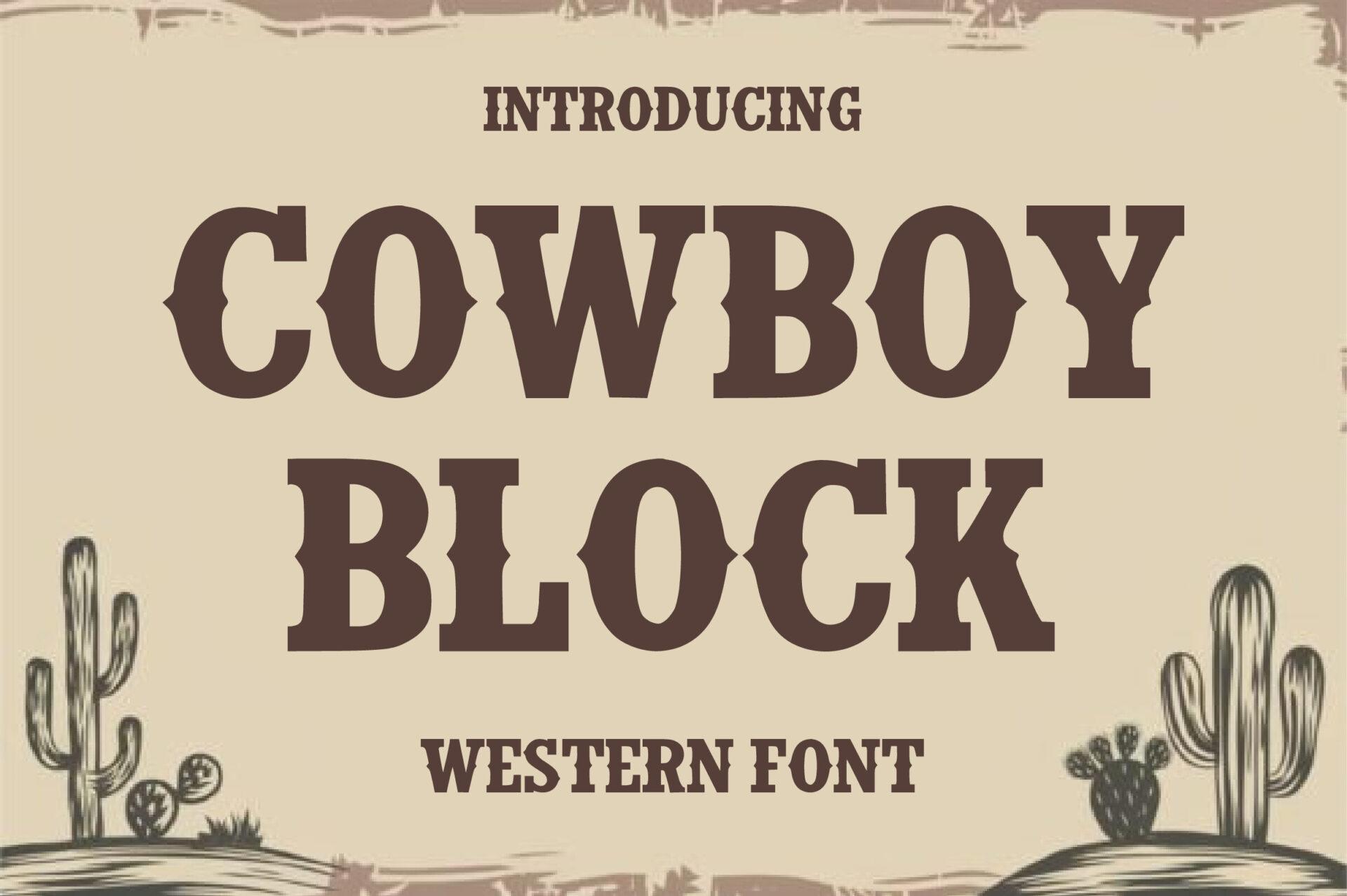 Cowboy Block Font by Craft Artist, dark brown block slab capitals between cactus drawings on a beige preview