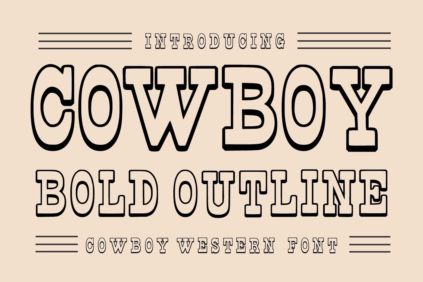 Cowboy Bold Outline Font by WNIdesign, open outline slab capitals with a shadow line on a peach preview
