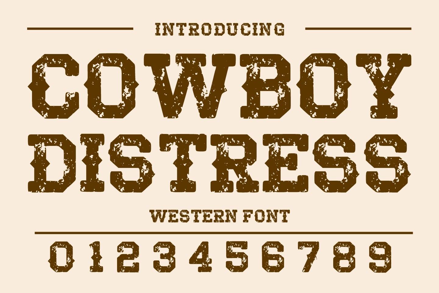 Cowboy Distress Font by mardanimirza12, brown distressed spur-serif capitals and numbers on a cream preview