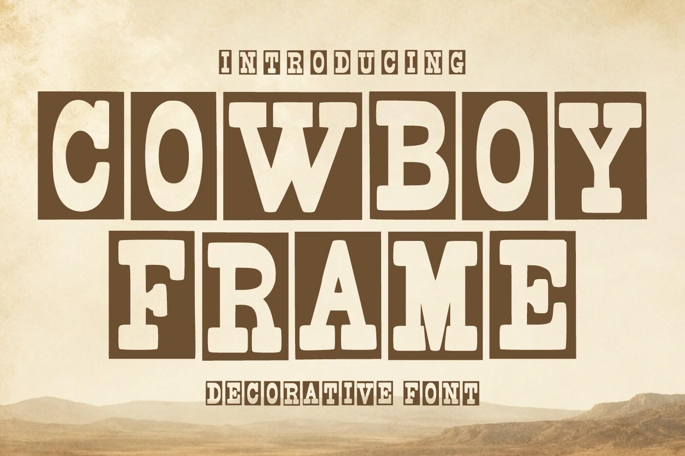 Cowboy Frame Font by WNIdesign, cream slab capitals inside brown square tiles on a faded desert preview