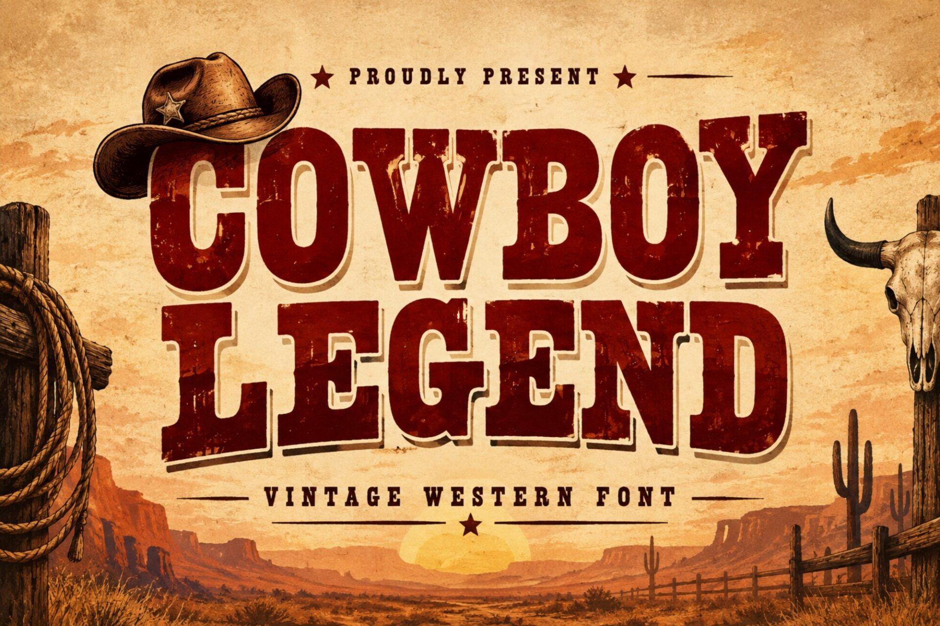 Cowboy Legend Font by riki.studio, red worn slab capitals with a shadow on a sunset canyon preview with a cowboy hat