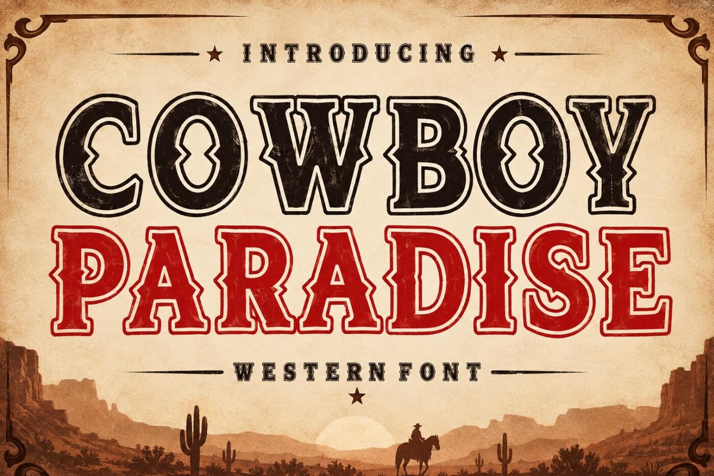 Cowboy Paradise Font by mardanimirza12, black and red inline spur-serif capitals over a desert scene with a rider preview