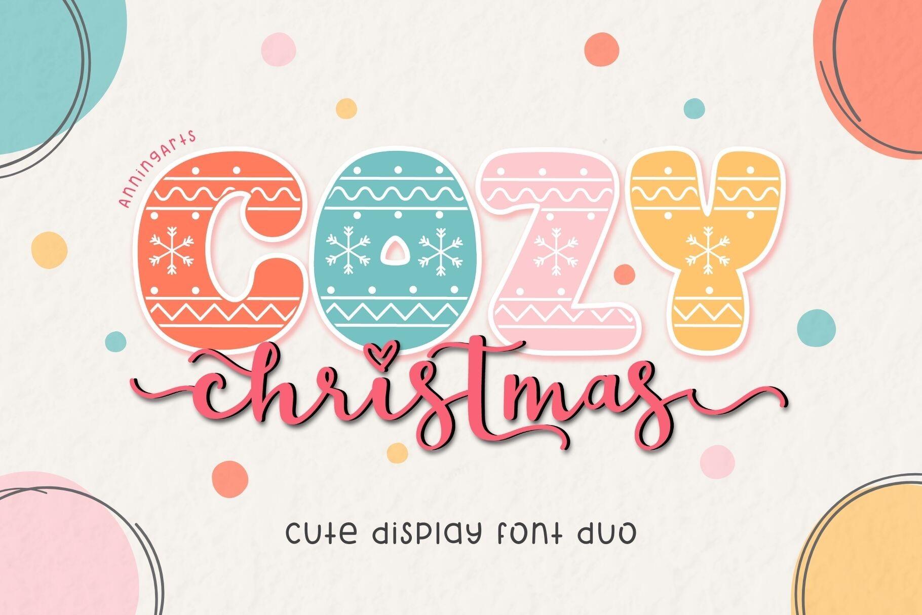 Cozy Christmas Duo Font by AnningArts, bubble capitals with knit sweater pattern and pink script