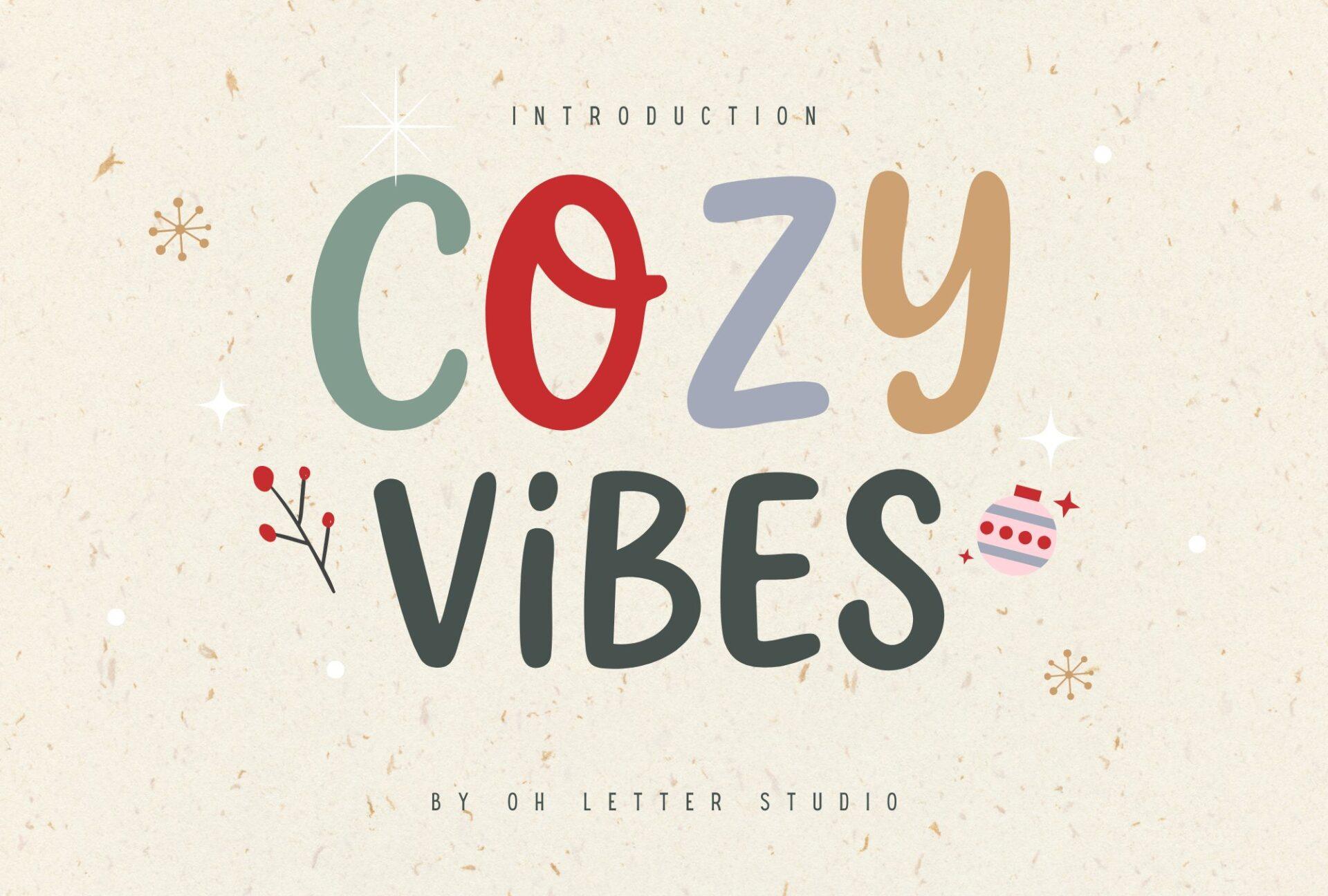Cozy Vibes Font by Marty Letter Studio, playful handwritten capitals of mixed heights in muted colors with small berry sprigs