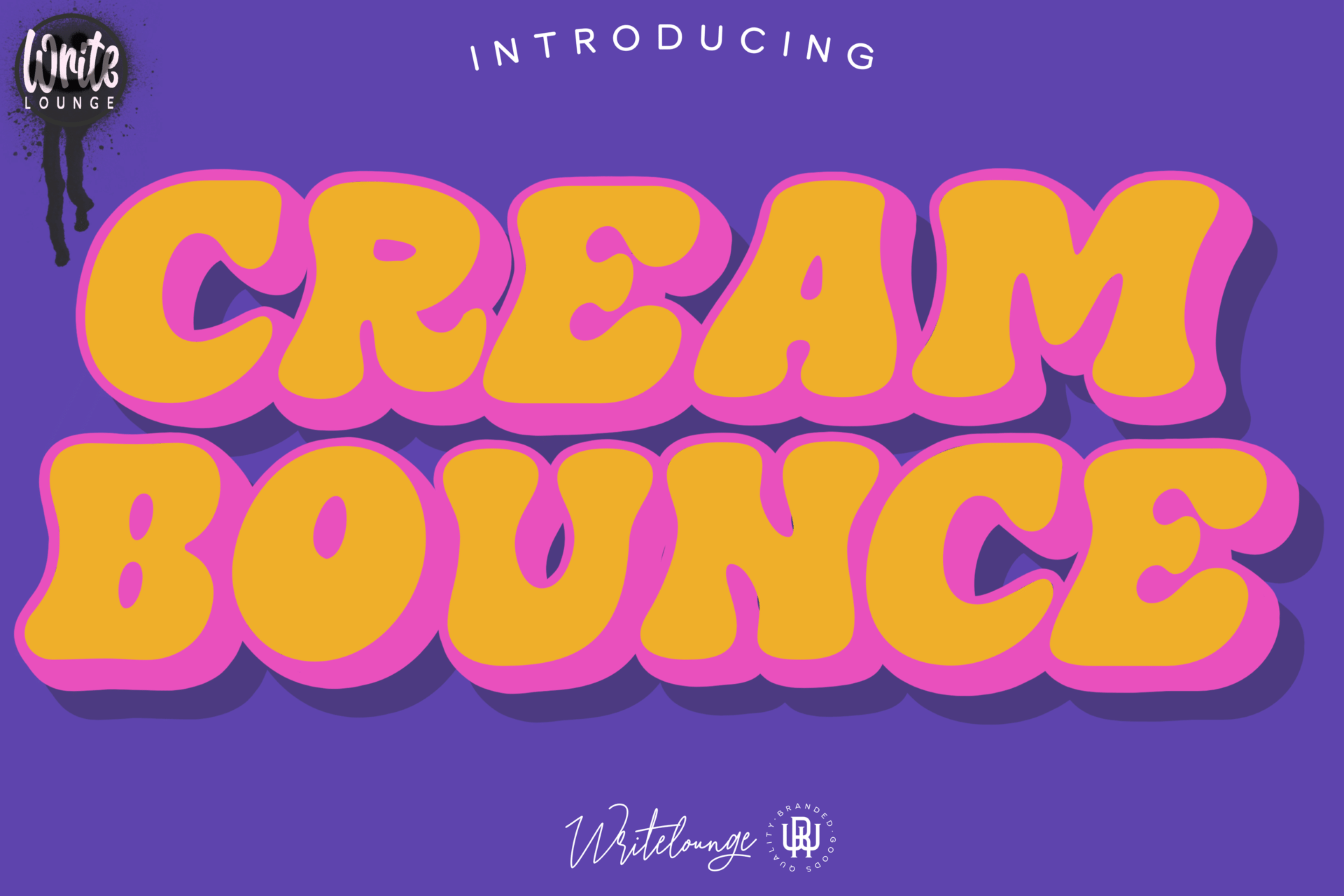 Cream Bounce Font by Writelounge, orange bouncy capitals with a pink outline and shadow on purple