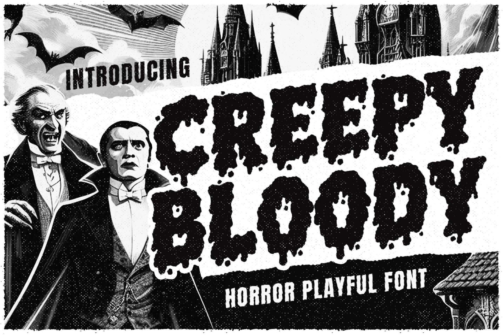 Creepy Bloody Font by Blankids Studio, chunky bouncy capitals with blobby drips in a retro monster-movie style