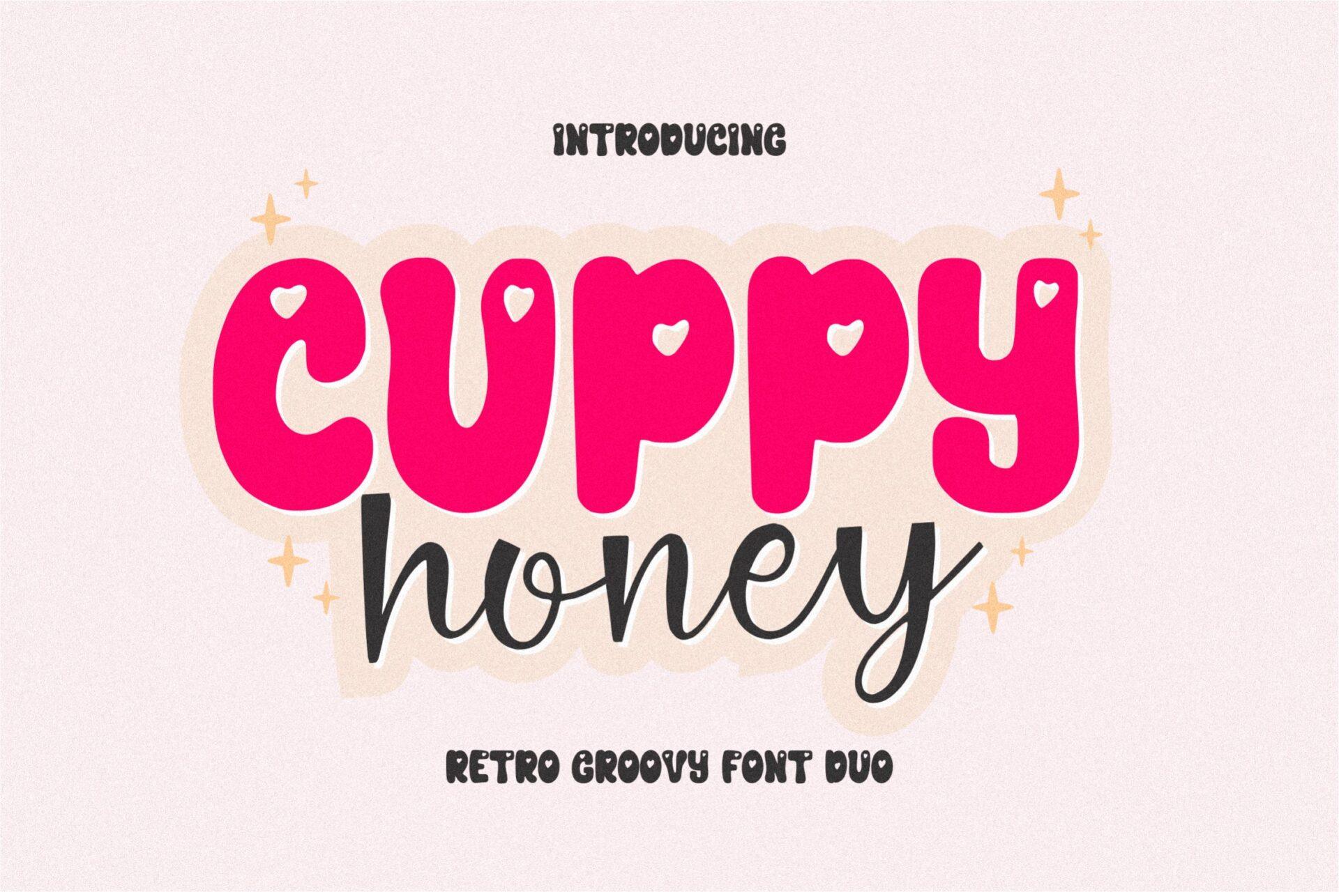 Cuppy Honey Font by qwrtypefoundry, bold pink retro letters with a script on a light pink background