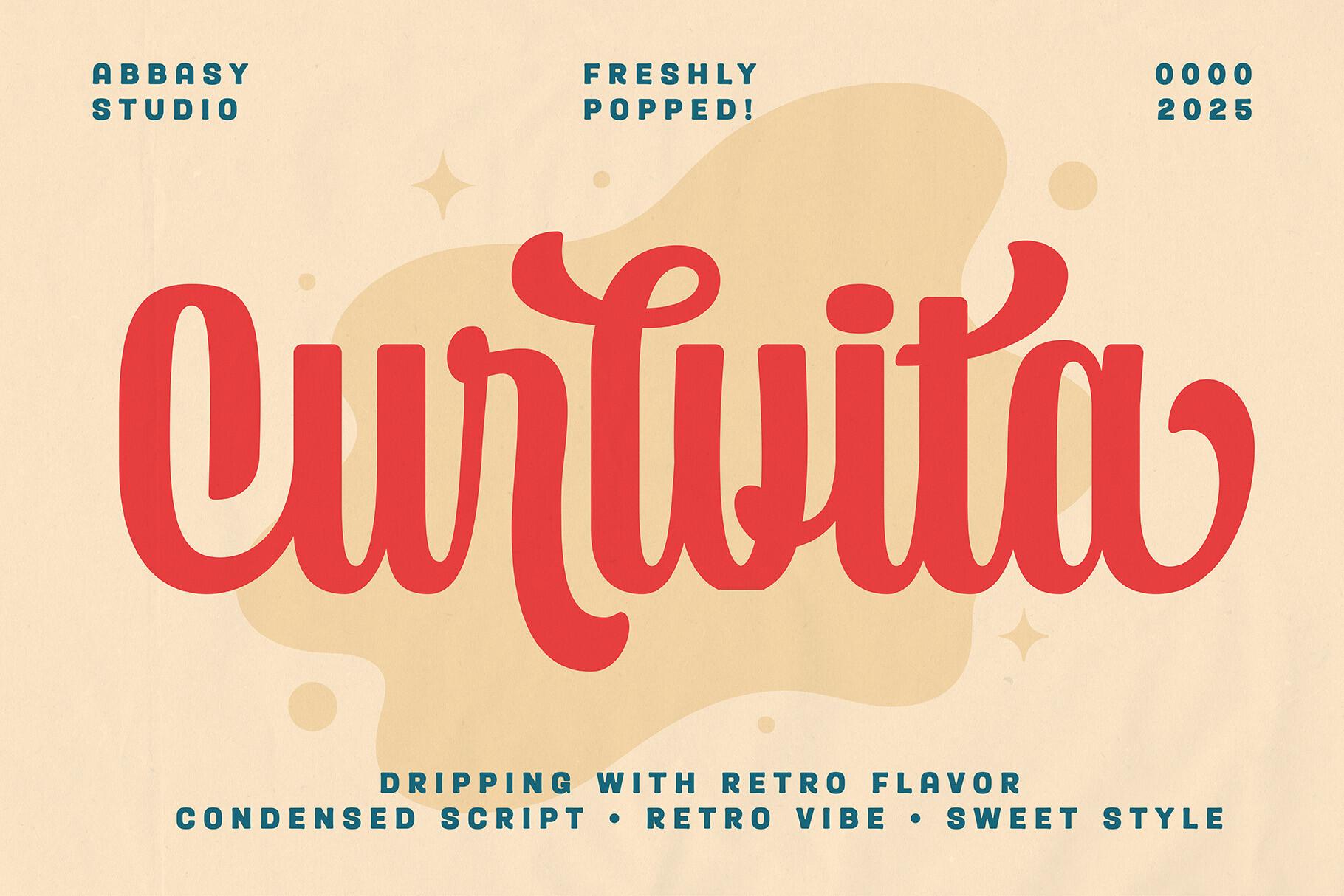 Curlvita Font by abbasystudio, condensed bold red retro script on a cream background