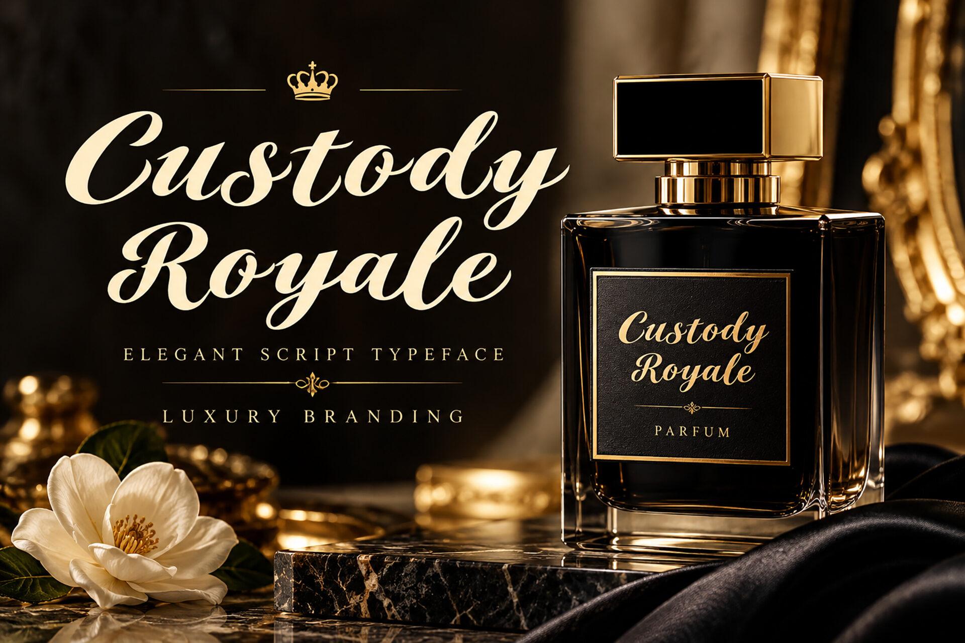 Custody Royale Font by BILLI, bold luxury script on a black perfume bottle