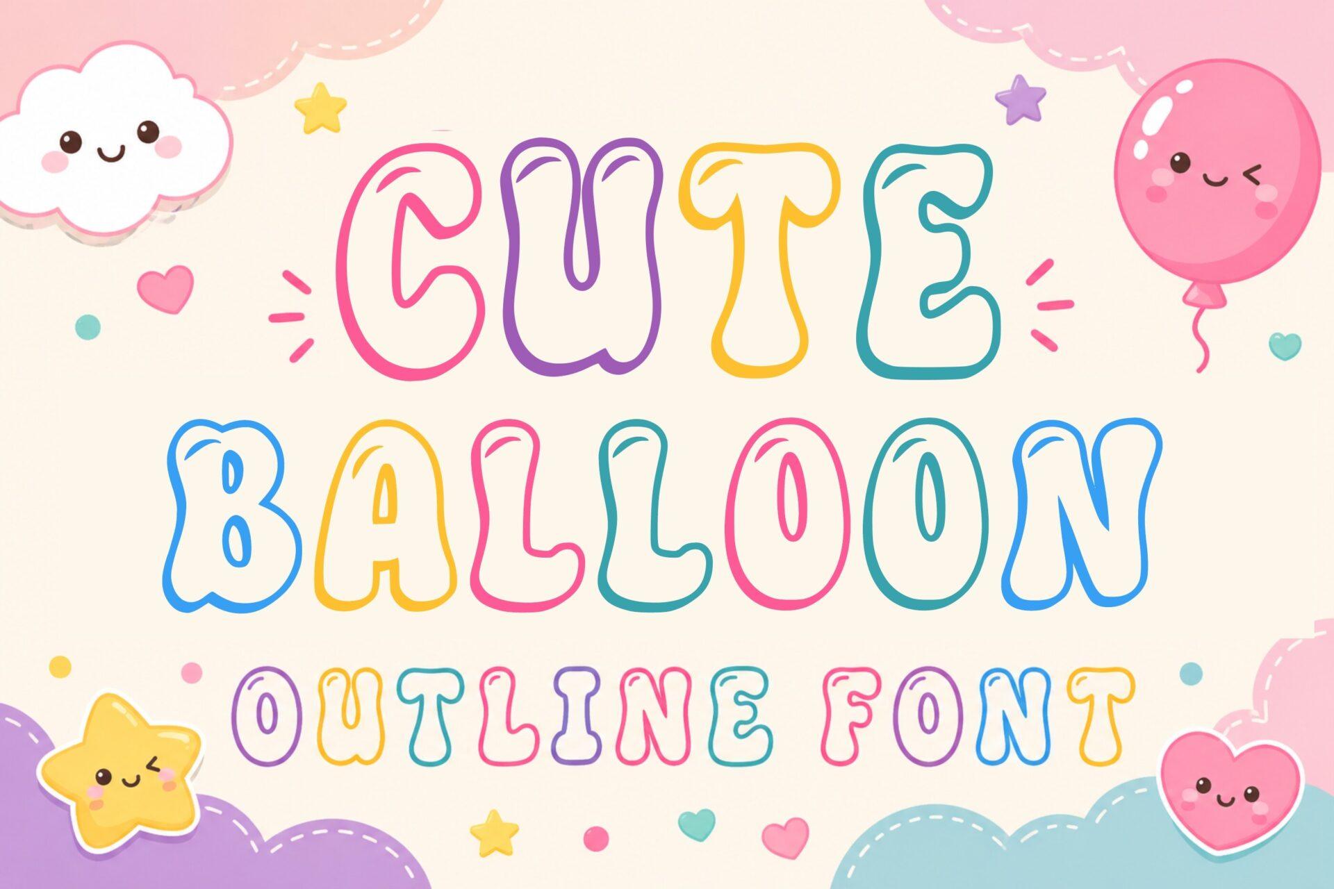 Cute Balloon Font by riki.studio, hollow capitals drawn in colored outlines with shine marks