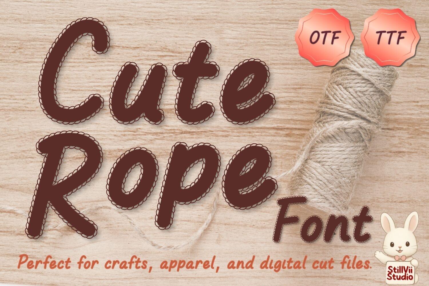 Cute Rope Font by StillViiStudio, brown rounded script with a dashed stitch line on a wood preview with twine