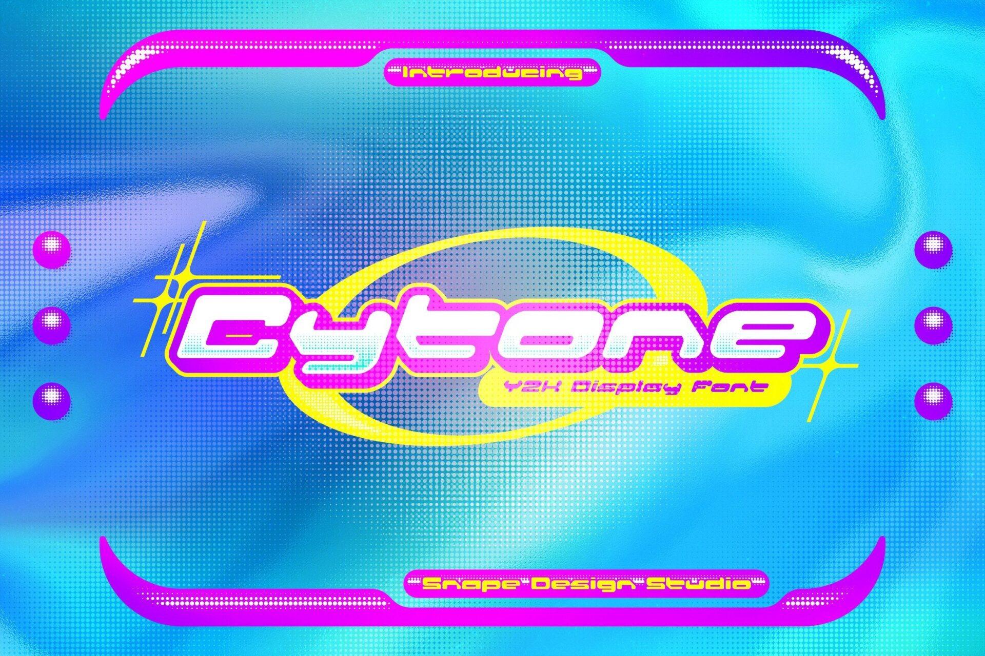 Cytone Font by snapedsgn, purple slanted Y2K letters inside a yellow orbit ring on blue