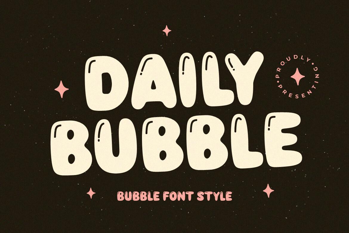 Daily Bubble Font by HansCo, cream glossy bubble capitals with shine marks on a dark background