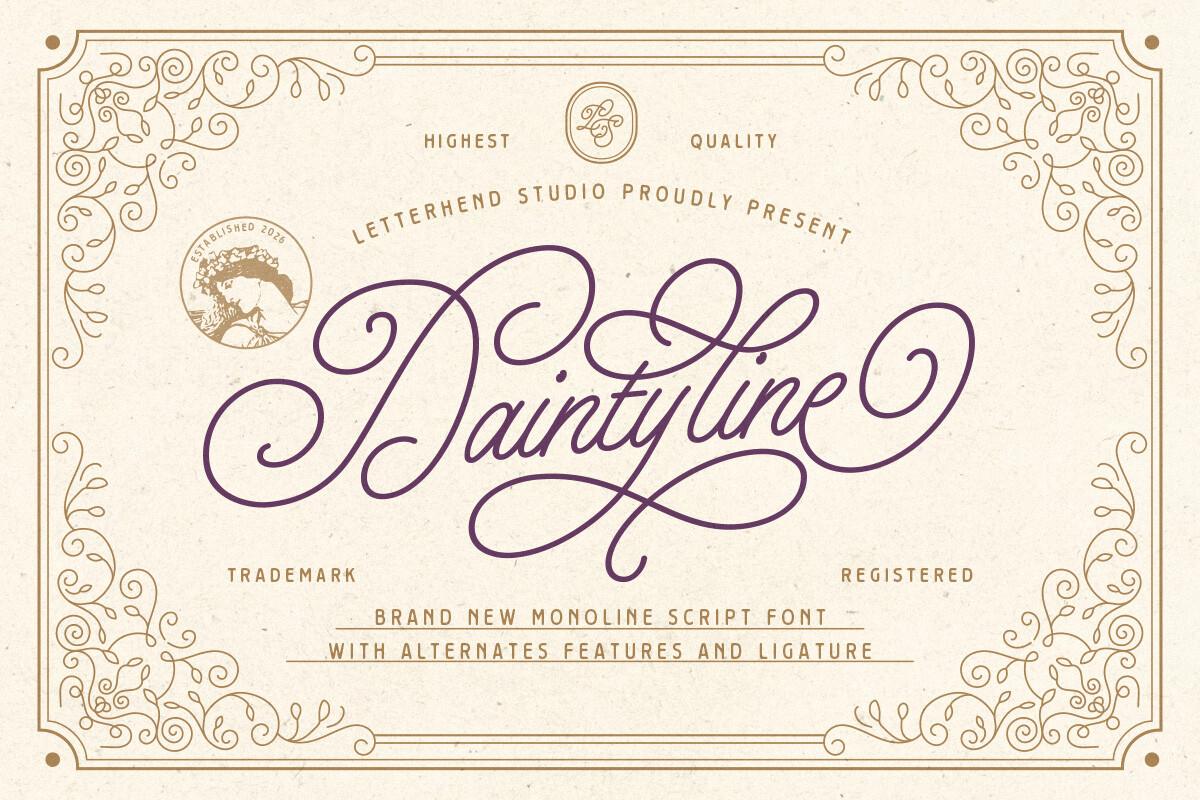 Daintyline Font by letterhend, purple monoline script in a vintage frame