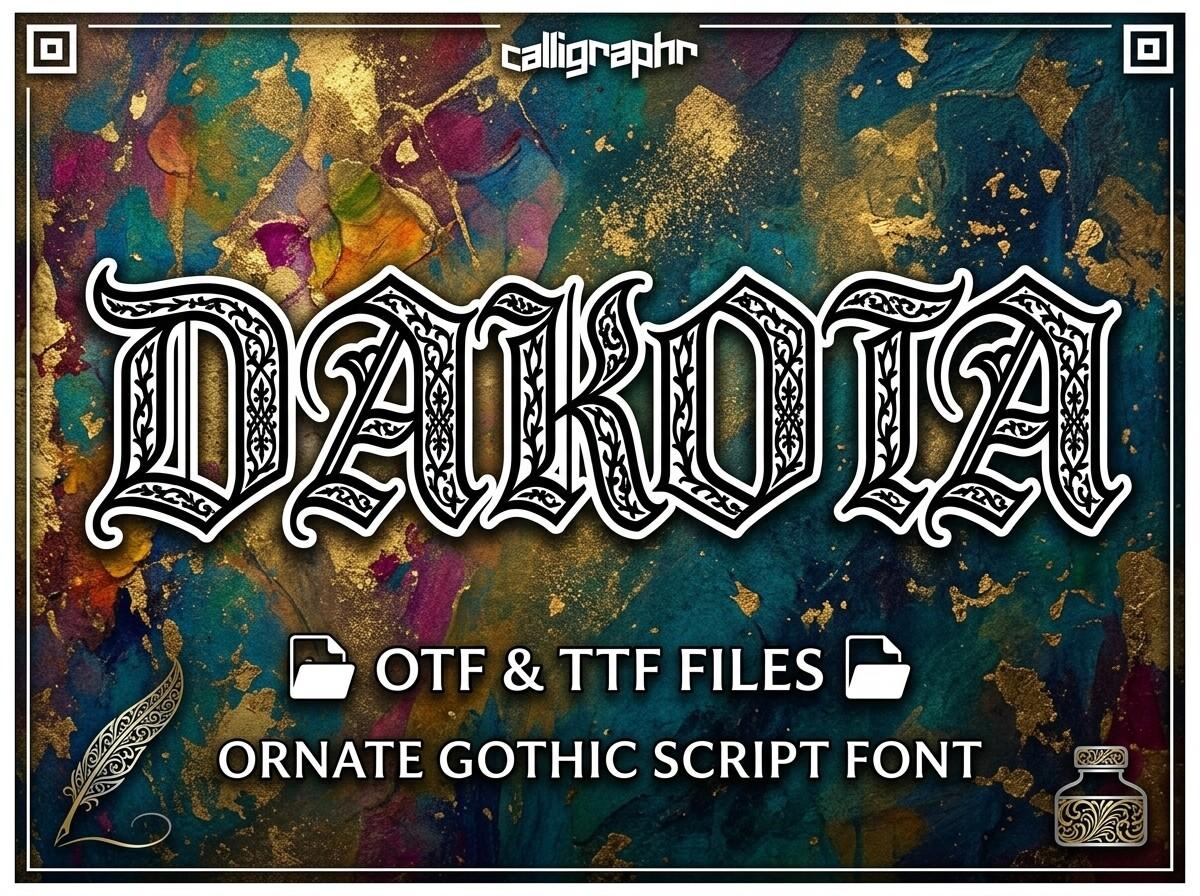 Dakota Font by greenvill, white outlined gothic capitals filled with filigree on a marbled background, tattoo font preview