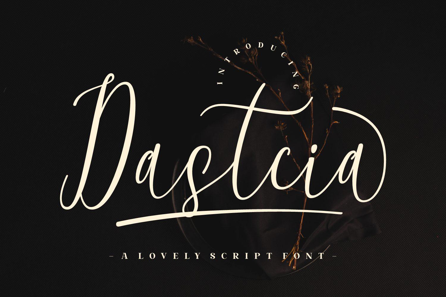 Dastcia Font by Rizkky (7NTypes), tall high-contrast script with a long underline swash