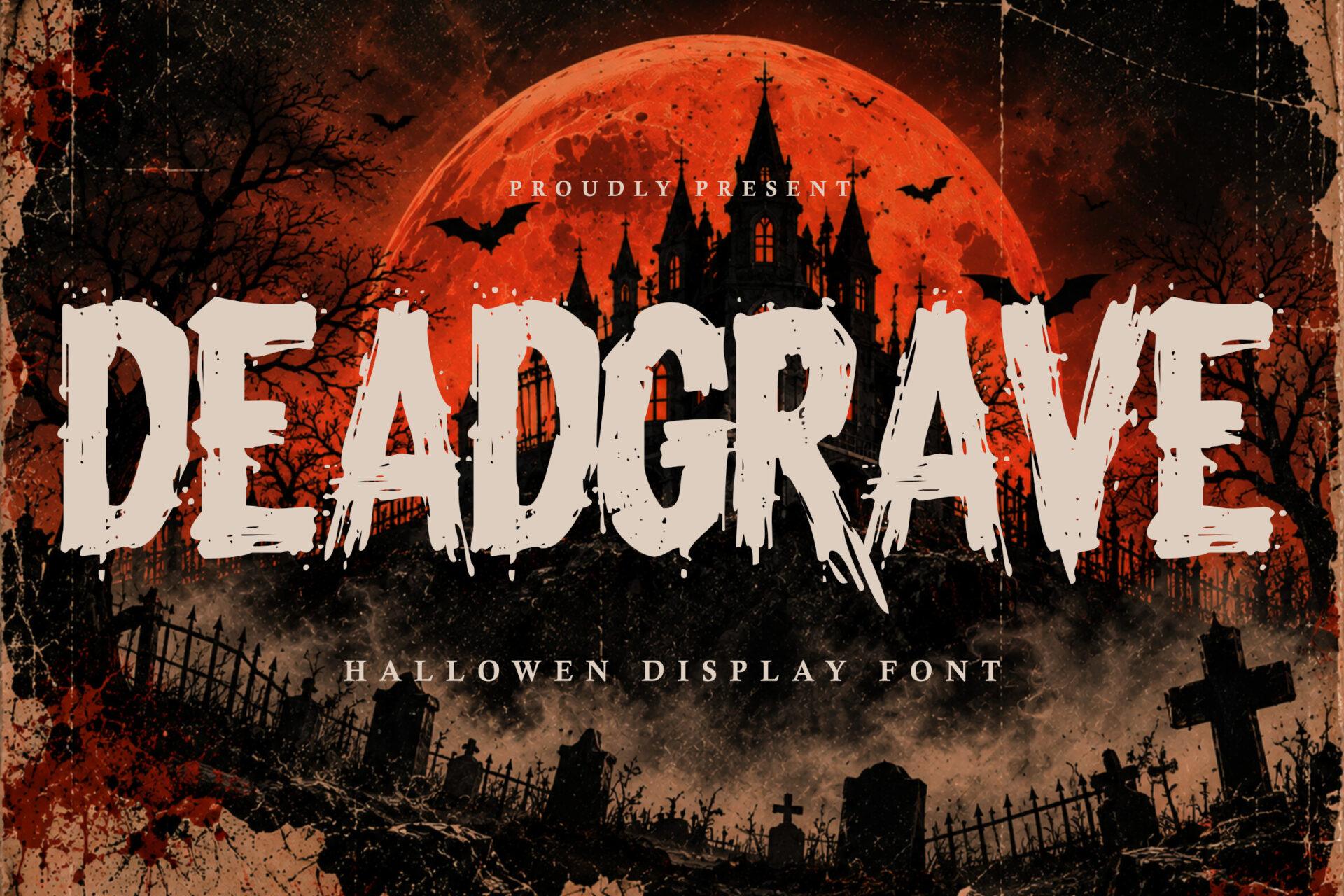 Deadgrave Font by Qiubare Studio, condensed eroded capitals in bone white over a graveyard scene
