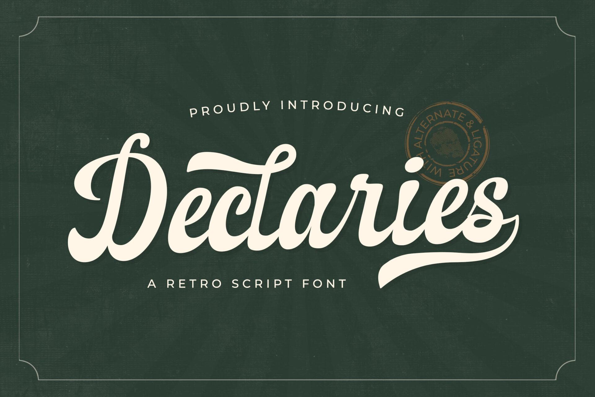 Declaries Font by TypeFactory, bold wide retro script in cream on dark green