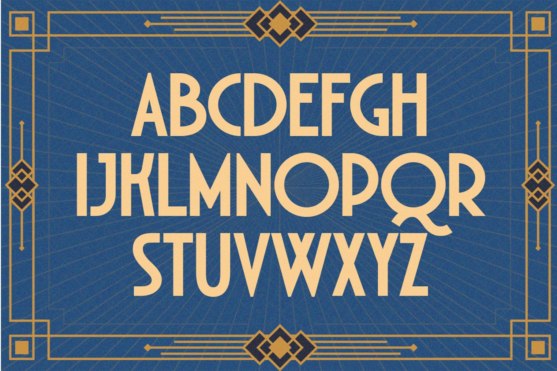 Decort Font by pekotype alphabet with geometric Art Deco capitals in a gold frame